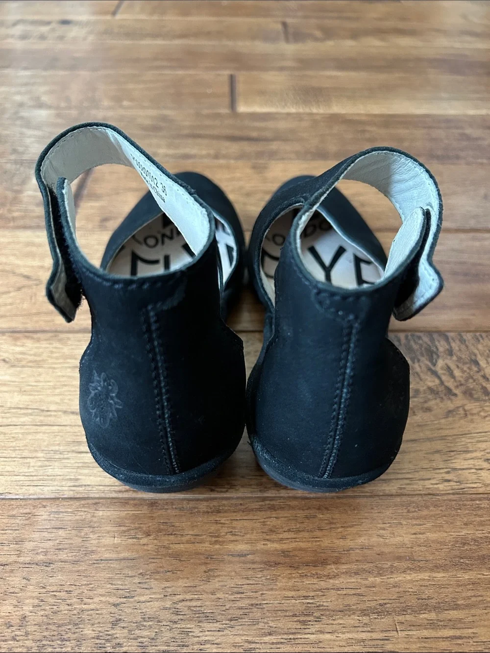 Fly London Piat Wedge Heel Shoes Black Leather Ankle Strap Size 36
